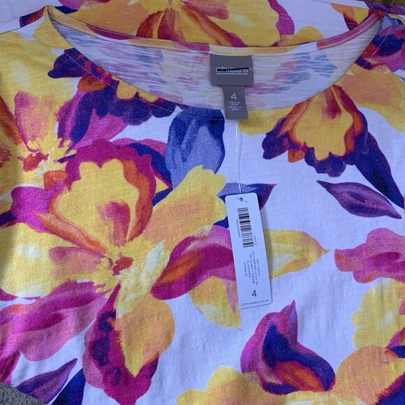 Chico's Top Women's 4 (2X) Lacy Trim Tropical 3/4 Sleeve Colorful Boat Neck NWT - Picture 7 of 9